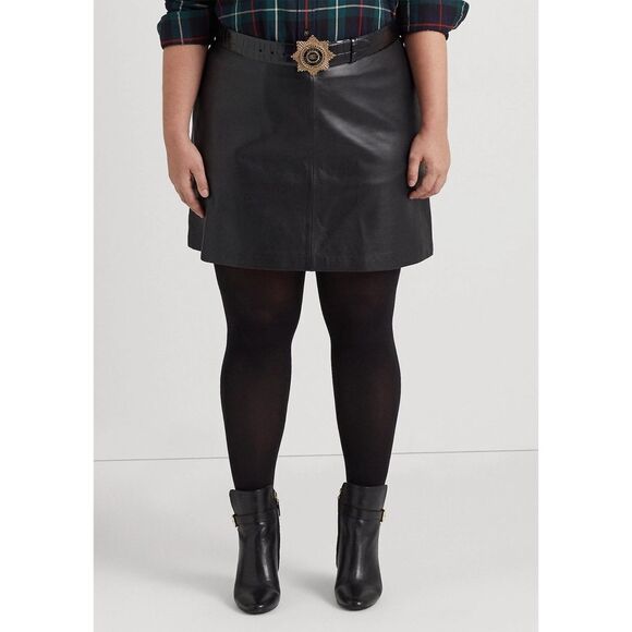 New! RALPH LAUREN Plus Size Lamb Leather Pencil Mini Skirt Black 14W Miniskirt - Picture 1 of 4